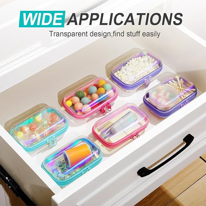 Sanwuta 6 Pcs Clear Hard Zipper Case Plastic Zipper Pouches Transparent Makeup Bag Pencil Case Pouches Toiletry Diaper Bag for Travel Toy Storage Organizer Bins(Holographic,5 x 3 x 2 Inch)