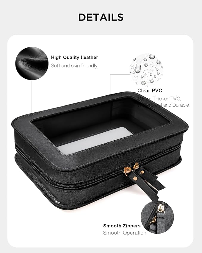 LETGO Clear Makeup Bags for Travel, TSA Approved Toiletry Bag with Zipper, Makeup Organizer Fit Carry-on Essentials, Car Accessories Organizers Storage for Women Men (Clear-Black)