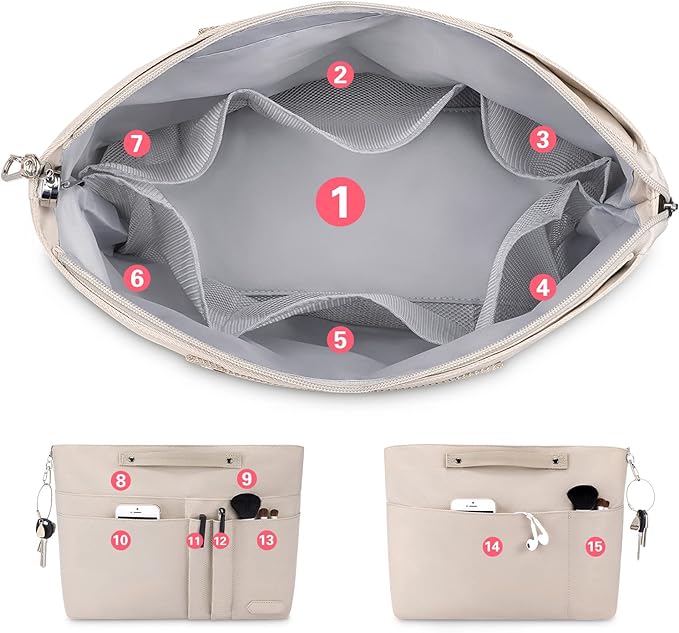 HyFanStr Purse Organizer Insert for Handbags,Tote Bag Organizer Insert Zipper Bag for Women, Handbag Organizer Inside Liner with 15 Pockets