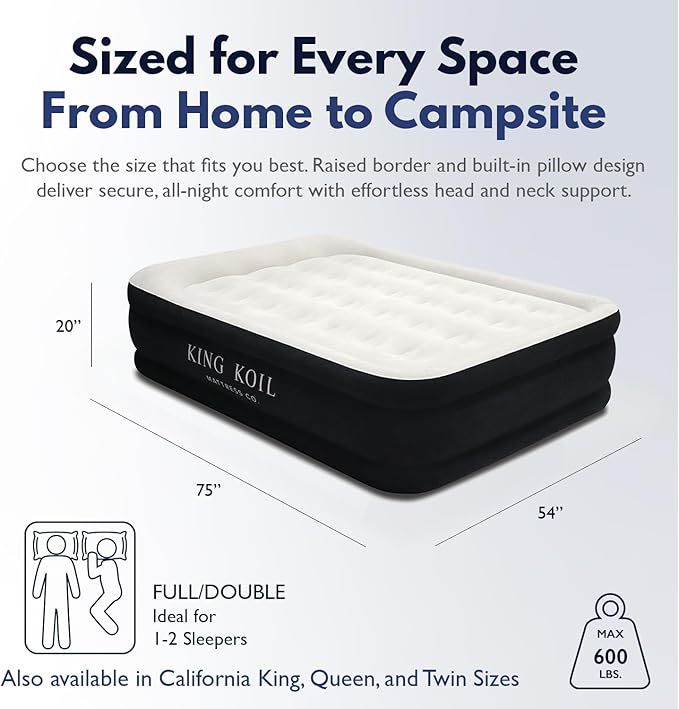 King Koil Luxury Full Size Plush Pillow Top Air Mattress with Built-in High-Speed Pump for Home, Camping & Guests 20" Inflatable Double High Blow Up Airbed, Durable, Waterproof