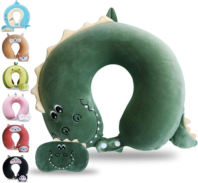 Sexysamba Cartoon Headrest & Neck Pillow for Kids Boys & Girls, Teens, Travel Accessories for Airplane, Car, Recline, Memory Foam Cute Travel Pillow with Sleep Eye Mask - Dinosaur