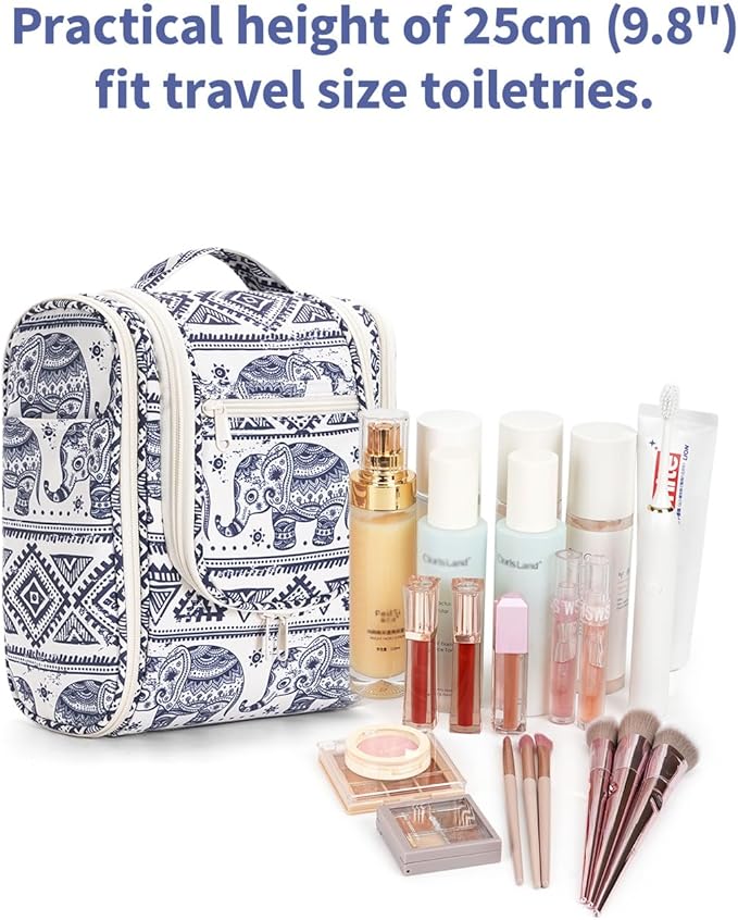 Narwey Small Hanging Toiletry Bag Women Travel Makeup Bag Organizer Toiletries Bag for Travel Size Essentials Accessories Cosmetics (Medium, Elephant)