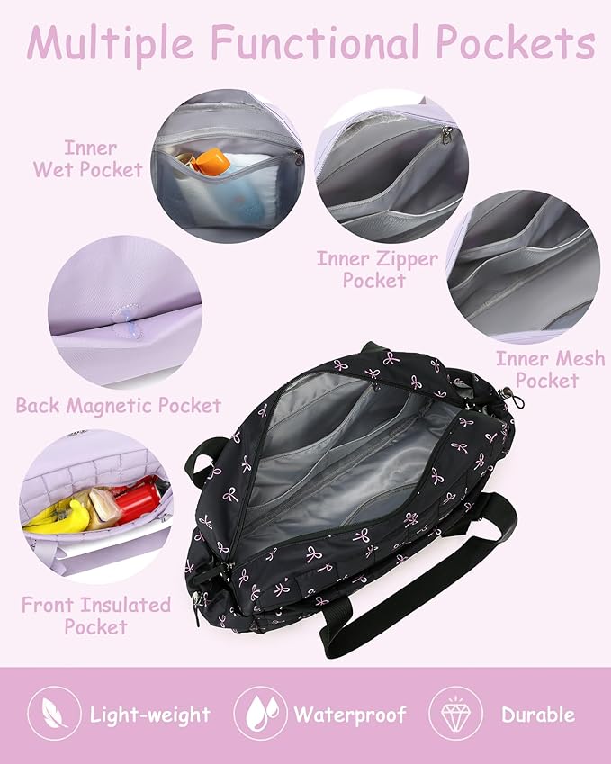 CAMTOP Gym Bag for Women, Lightweight Duffle Bag for Travel With Insulated Pocket and Wet Pocket, Small Carry On Bag for Dance Yoga Work (Black Bow, Medium-16")