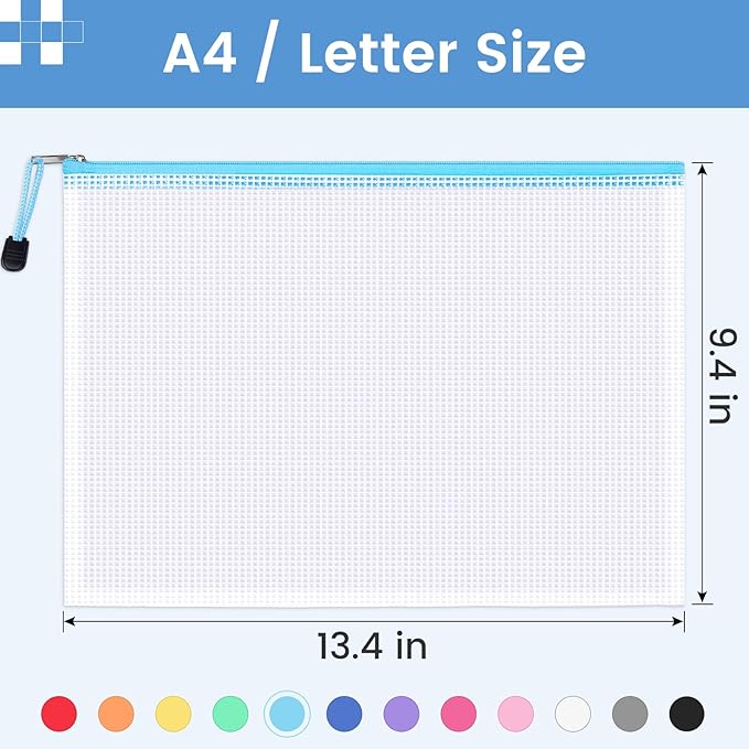 Sooez 24 Pack Mesh Zipper Pouch with Sticky Labels, A4 Mesh Bags, Toy Storage Board Game Puzzles Organization, Sturdy Letter Size File Folders Organizer for Teacher School Classroom Office Supplies