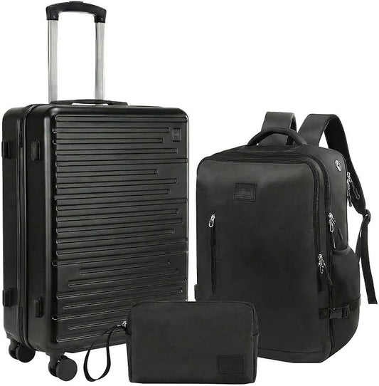 Hoteel Luggage Sets 3 Piece, 4-Year Warranty, Carry-On Luggage with Dual-Spinner Wheels, PC+ABS Hardside Suitcase Set with TSA Lock, Durable Carry On Suitcase, Black(20IN/DB/TB)