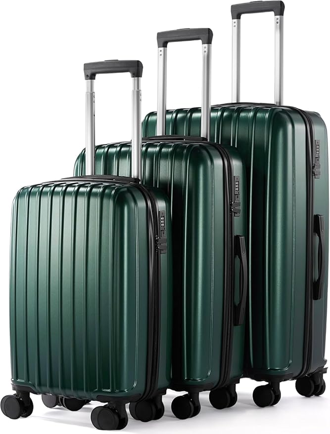 Luggage Sets 3 Piece, Hardside Lightweight Suitcase sets with Spinner Wheels, Large Checked Travel Suitcase for Family Travel, Suitcases Sets 20 24 28 Inch, GREEN