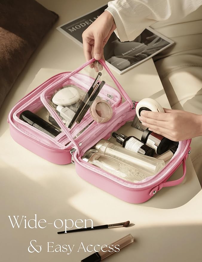 Clear Cosmetic Bag Double Layer Travel Toiletry Bag Clear Makeup Bag Case with 4 Compartments, Transparent Travel Bag for Toiletries, Large Toiletry Bag for Women Cosmetic Case (Pink, Large)