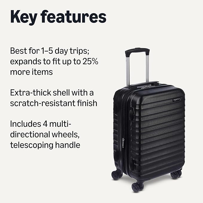 Amazon Basics 21" Hardside Carry-On Luggage with Spinner Wheels, Expandable for Up to 25% More Space, Scratch-Resistant Hard Shell, Telescoping Handle, Black
