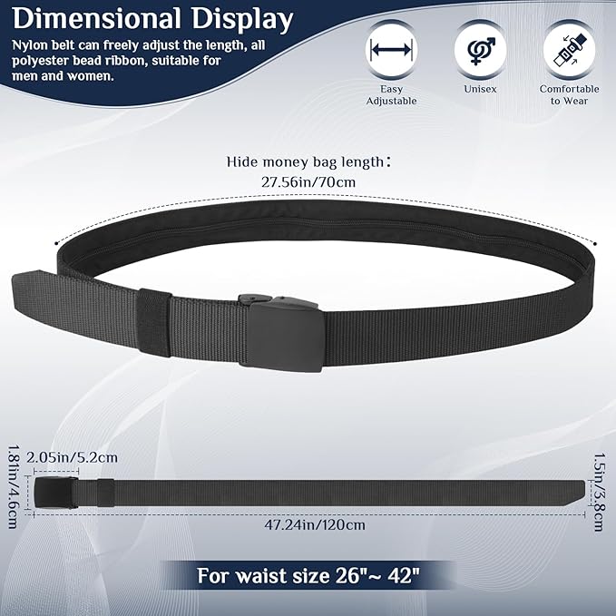 Money Belt- Travel Security Money Belt with Secret Compartment, Anti-Theft Nylon Hidden Money Pouch with Zinc Alloy Buckle for Dad Boyfriend Men, Business Travel Daily