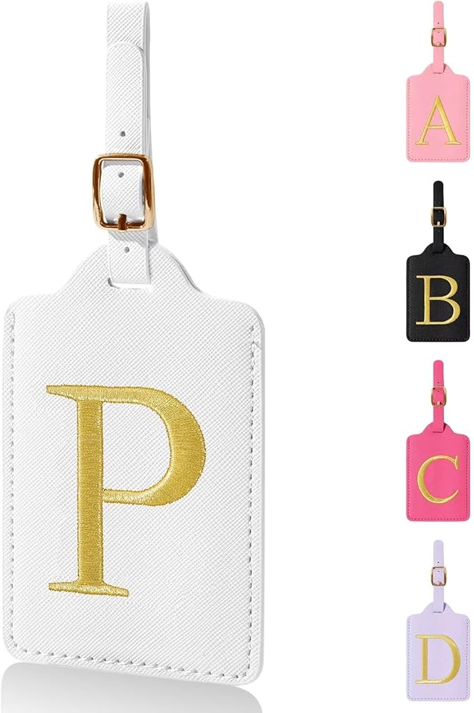 Personalized Initial Luggage Tags for Suitcases,Leather Letter Cute Luggage Tags with Privacy Name Card,Embroidered Monogrammed Travel Bag Backpack Tag Gifts for Women Kids Girls Teens(White-P)
