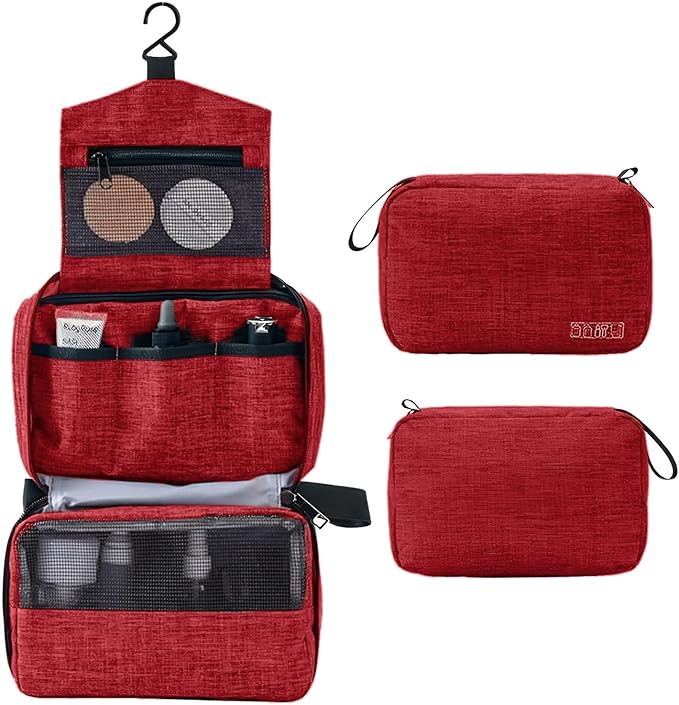 Travel toilet bag is used to store toiletries, Suitable for short-term travel use hanging toilet bag (Burgundy)