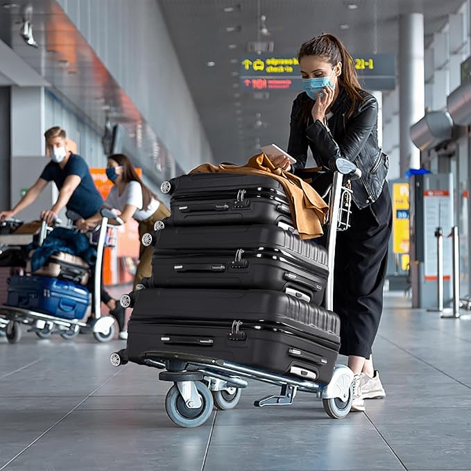 Karl home Luggage Set of 3 Hardside Carry on Suitcase Sets with Spinner Wheels & TSA lock, Portable Lightweight ABS Luggages for Travel, Business - Black(20/24/28)