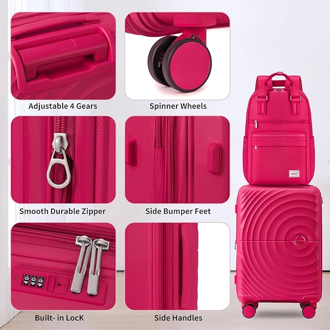LARVENDER Luggage Sets, Suitcase Set 3 Piece Expandable Luggage PP Lightweight Large Suitcases with Wheels for Women (3 piece set,Rose Red)