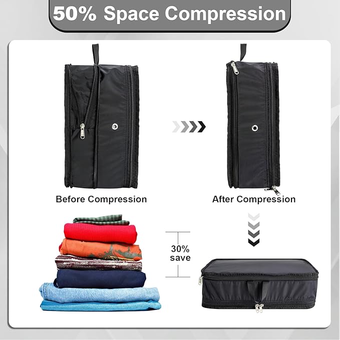 Compression Packing Cubes, 2pc Compression bags for Travel Packing Organizer, Expandable Compression Cubes for Travel, Black