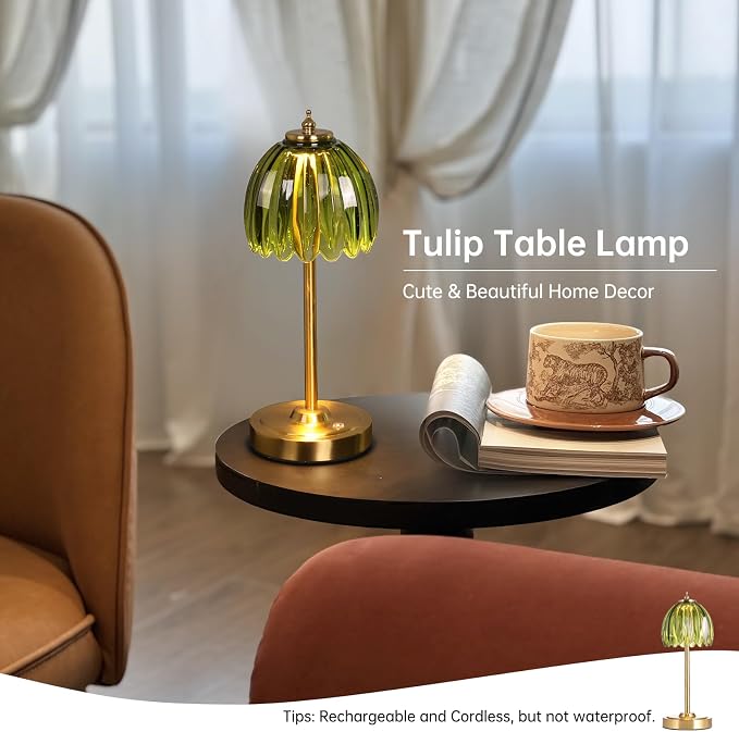 Shenmoyl Set of 2 Tulip Table Lamp with 5000mAh Battery & Touch Control, Cordless Table Lamp with 3 Colors, Dimmable Rechargeable Table Lamps for Bedroom, Living Room, Entryways (Green Tulip)