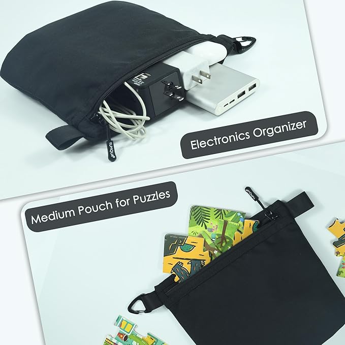 YUMQUA Small Pouch for Travel Essentials, Makeup Pouch Bag with Carabiner Clip on Backpack Dopp Kit Storage Organization for Toiletries, Cosmetics, Tech, Tools, Water Resistant 500D Nylon (Black)