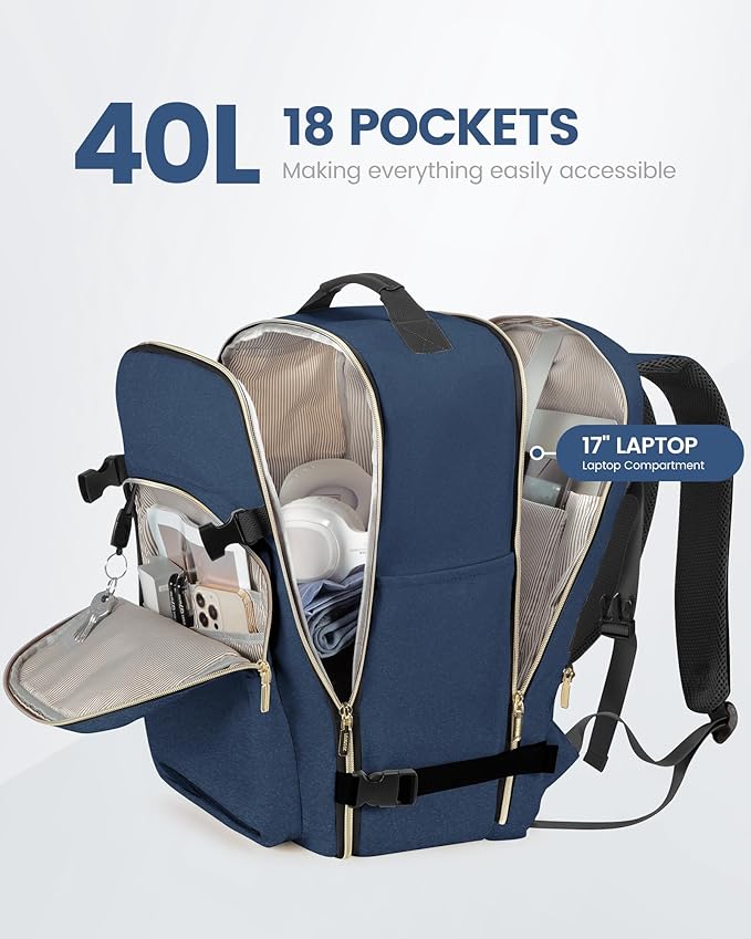 LOVEVOOK Travel Backpack for Women & Men 40L,Airline Approved Carry On Backpack Travel Essentials,TSA Carry on Luggage,Waterproof Personal Item Travel Bag,Suitcase with 3 Packing Cube,Blue green-Black