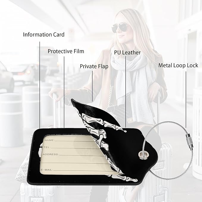 2 Pack Luggage Tags for suitcases Cool Skull Skeleton Rock TSA Approved Label Luggage Tag Baggage Tag Leather Stainless Steel Loop Label Tag for Men Women Travel Bag Suitcase