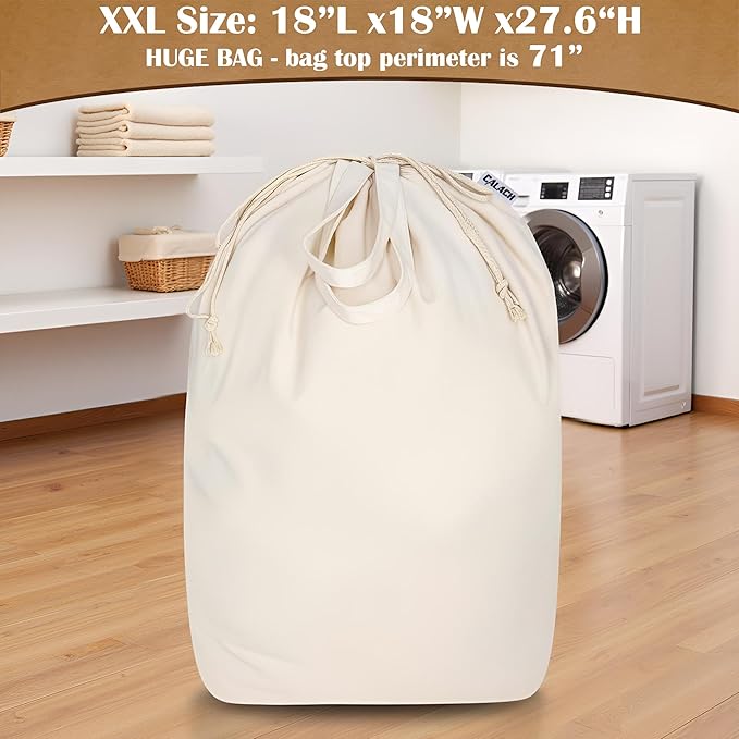 Canvas Laundry Bags with Handles & Square Base18"Lx18"Wx27.6"H, Extra Large Heavy Duty Laundry Basket Hamper Liner, Washable Drawstring Dirty Clothes Bag Canvas Storage Sack (Beige XXL,1 Pack)