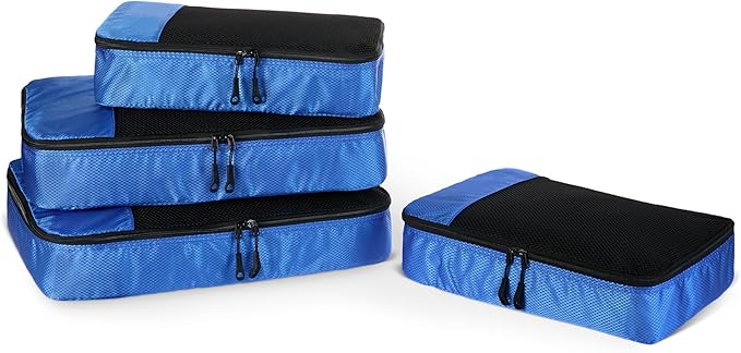 Amazon Essentials 4-Piece Packing Cubes Travel Accessories Set, Space-Saving Luggage Organizer with Double Zipper, Mesh Top, 2 Medium/2 Large, Blue (Previously Amazon Basics)