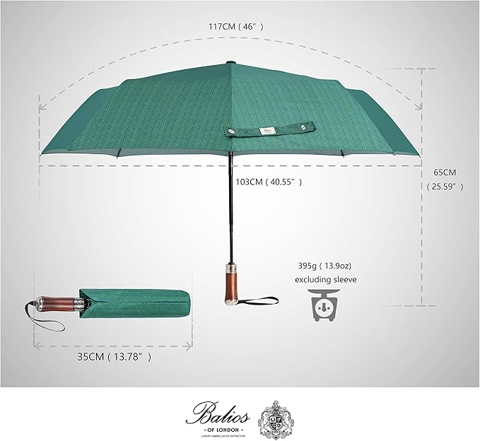 Balios (Designed in UK) Travel Umbrella Luxurious Golden Hardwood Handle Auto Open & Close Windproof Frame Single Canopy Automatic Folding Umbrella Men's & Ladies