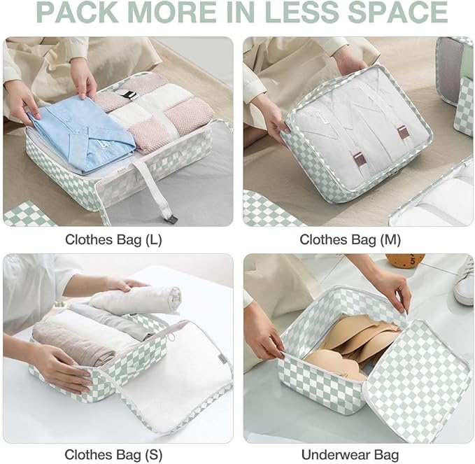 8 Set Packing Cubes for Suitcases,Suitcase Organizer with Shoe,Cosmetics,Clothing, and Accessories Bags for Travel Luggage Organizer Women Men(Green Checkered)