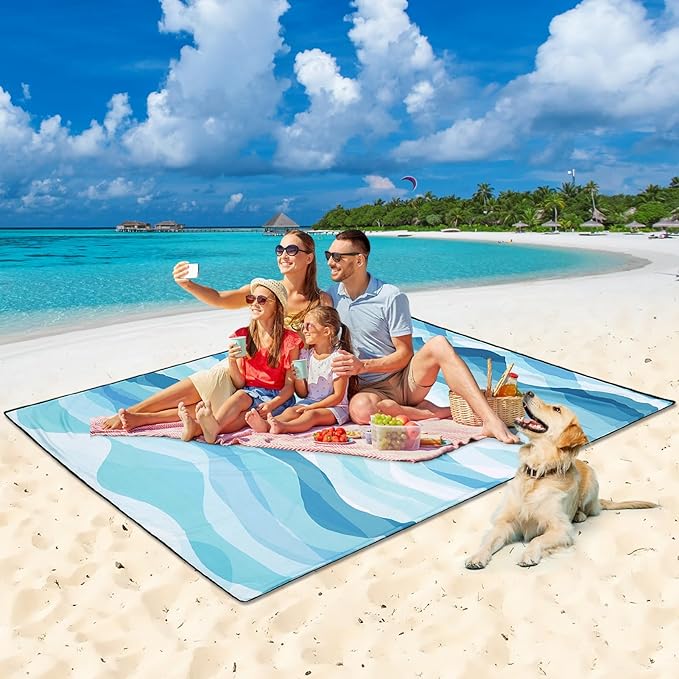 Beach Blanket Waterproof Sandproof Beach Mat for 1-8 Adults Quick Drying Durable Outdoor Picnic Mat for Beach Festival Travel Camping Hiking (Ocean Wave-Multi Blue, 79"×83"(4 Person))