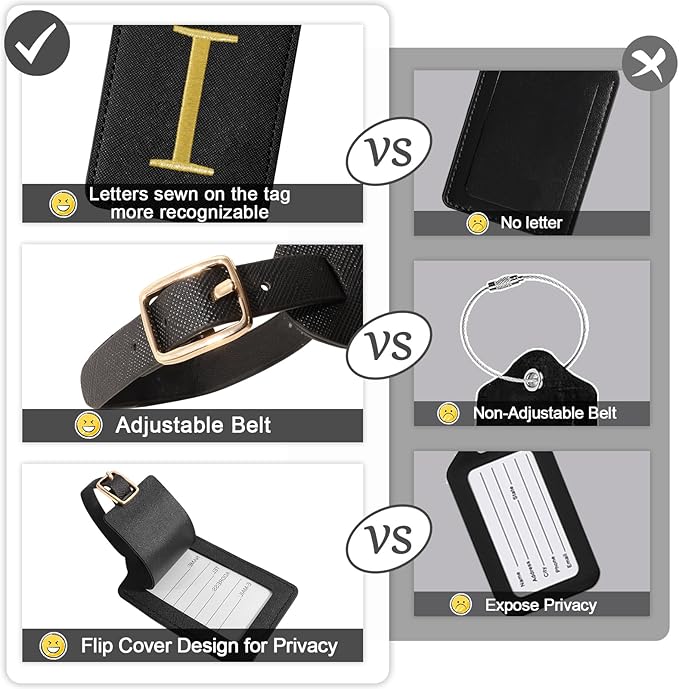 Initial Letter Luggage Tags for Suitcases, Embroidered Monogrammed Suitcase Luggage Identifier Name Tag, PU Leather TSA Approved Luggage Tags, Bag Tags for Men Women Kids Luggage Handbags(Black I)
