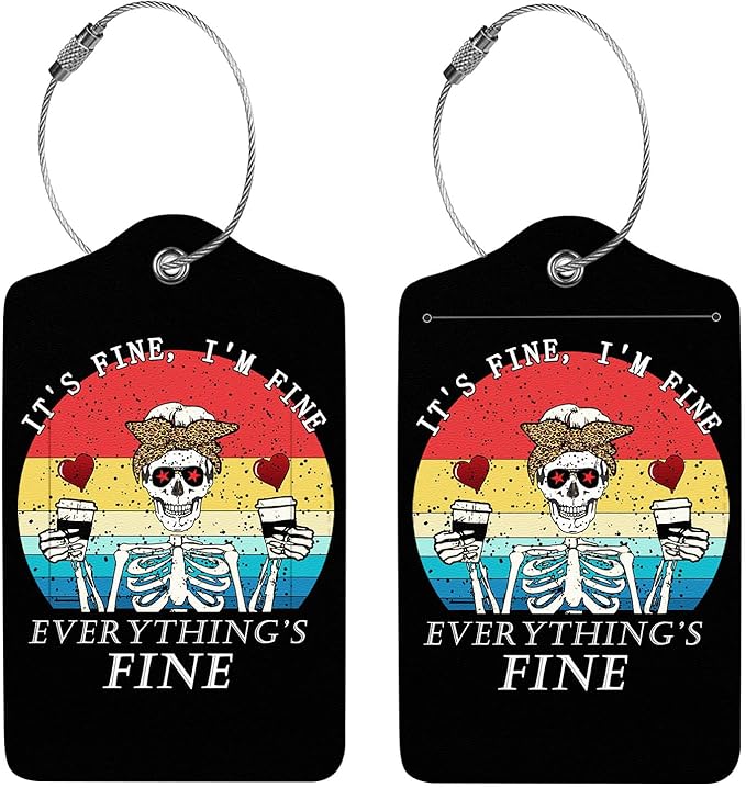 2 Pcs Luggage Tags for Suitcase, Cute Unique PU Leather Travel Bag Tag with Privacy Cover ID Label Address Card and Durable Metal Ring Suitable for Men Women Children Backpack,Human Skull