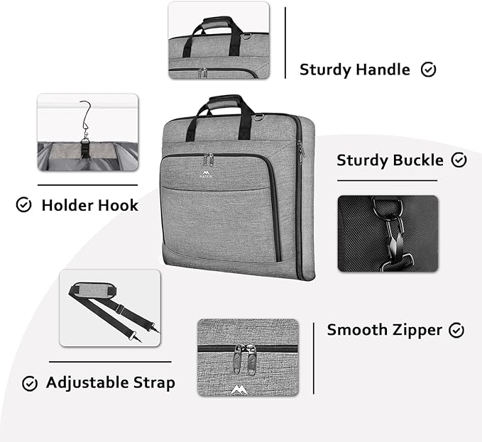 MATEIN Carry On Garment Bags for Travel, Water Resistant Hanging Suit Bag for Men Women, Foldable Garment Luggage with Wrinkle Free Suitcase Cover for Suit Gown Overshirt Sweater, Grey
