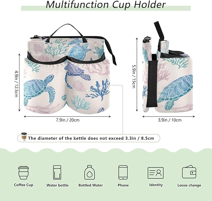Line Turtles Starfish and Coral Luggage Cup Holder Travel Portable Free Hand Drink Carrier Suitcase Drinks Beverage Holder Carry-On Bottle Mug Holder Organizer Bag Travelers Accessories