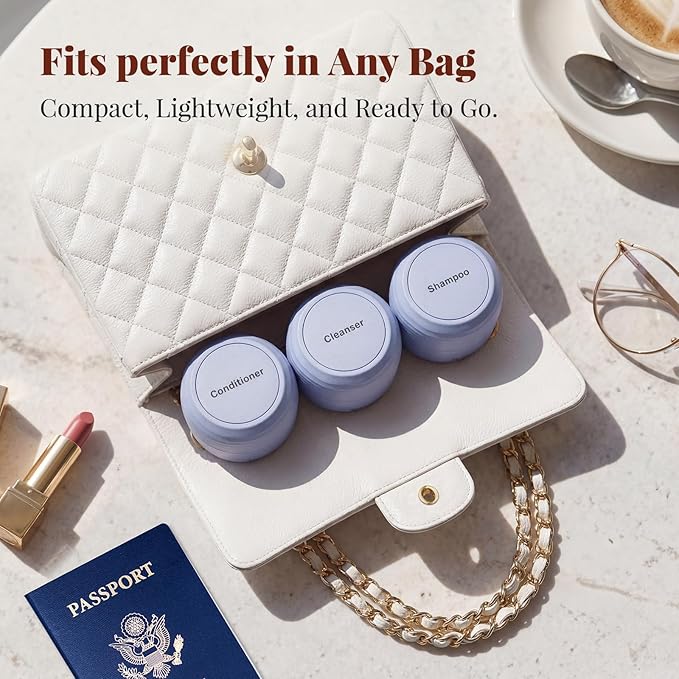 New Travel Toiletry Containers [Ultra Leakproof] TSA-Approved, PLA Hard Shell Jars with 5 Magnetic Labels, Wide Mouth Bottles for Lotion, Cleanser, Shampoo, Conditioner, Blue, 3 Pack, 1OZ