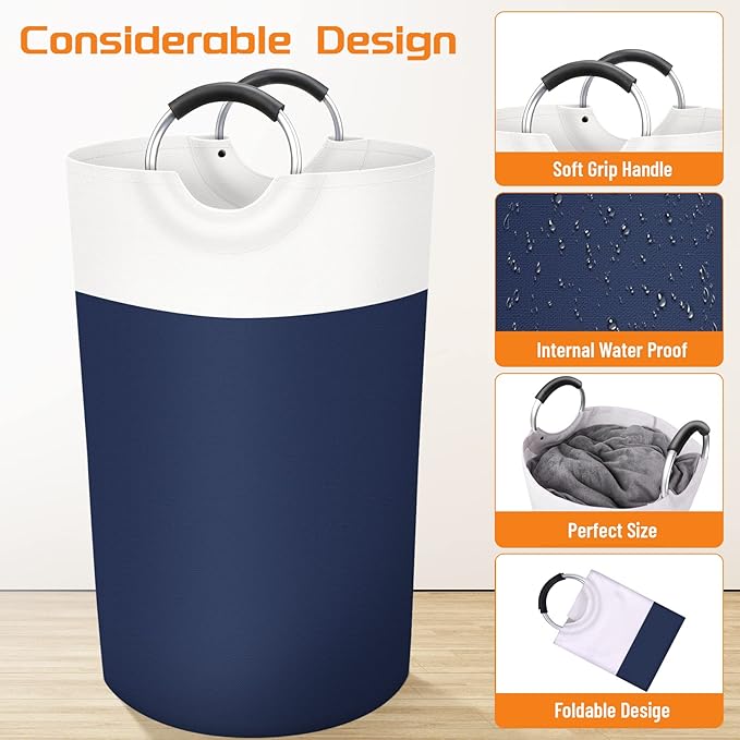 BlissTotes 90L Laundry Basket, Freestanding Laundry Hamper, Collapsible Dirty Clothes Hamper, Waterproof Fabric with Foam Protected Aluminum Handles for College, Dorm, Family (Blue)