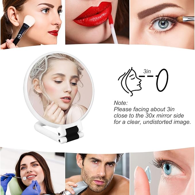 Sifolo 30x Magnifying Mirror, Travel Hand Mirrors with Handle - Double Side Handheld Mirror with 1X 30X Magnification & Adjustable Handle, Hand Held Foldable Travel Mirror for Makeup(Pearl White)