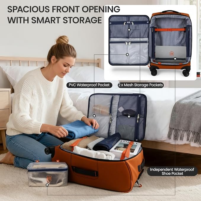 22" Luggage, Softside Suitcase w/Double Spinner Wheels, Waterproof,Lightweight Rolling Suitcases for Men/Women（Orange,22in）
