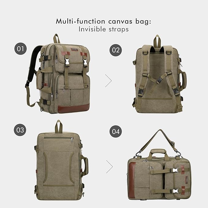 WITZMAN Canvas Travel Backpack for Men Large Laptop Backpack Fit 16 inch Carry-on Airline Approved Convertible Shoulder Rucksack(A6617-3 Army Green)