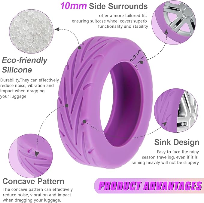 Upgrade Luggage Wheel Covers, 8pcs Suitcases Wheel Protector,Wear-Resistant, Anti-Noise, Silicone Protectors for 2-2.4"Luggage Spinner,Accessories for Travel (Purple)