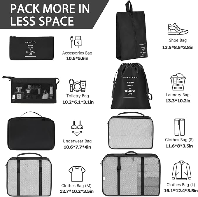 KPX 8 Set Packing Cubes for Travel, Luggage Packing Organizers Accessories Large Toiletries Bag for Clothes Shoes Cosmetics (Black)