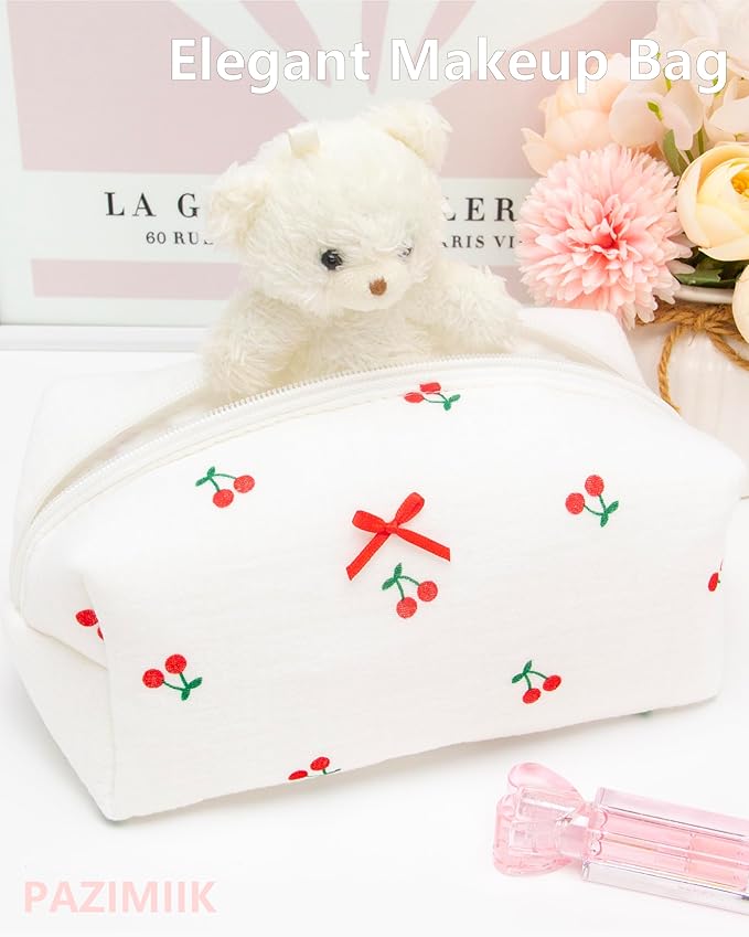 PAZIMIIK Cozy Makeup Bag Small Aesthetic Travel Zipper Cosmetic Pouch for Women Make Up Beauty Accessories Brushes,Cherry White