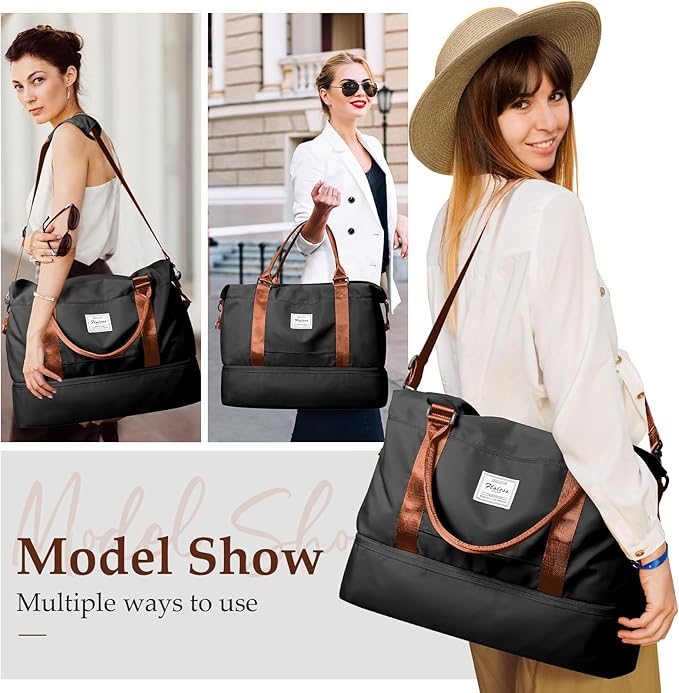 Weekender Bags for Women,Travel Duffle Overnight Bag with Shoe Compartment,Personal Item Carry On Bag,Black & Brown,Large,3 Pcs Set