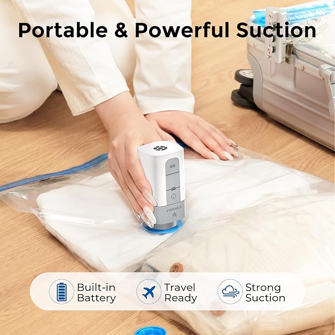 ETENWOLF 12 Pack Vacuum Storage Bags with Rechargeable Wireless Pump, Vacuum Seal Bags for Clothes and Travel, Space Saver Bags in Multiple Carry-On Sizes, Perfect for Luggage and Suitcases