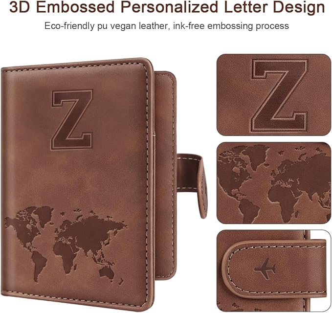 Passport Holder Cover Personalized Initial Letter A-Z Travel Wallet RFID Blocking Passport Cover Holder for Travel Passport Book Holders for Women and Men, Brown-Z
