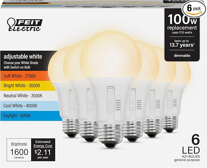 Feit Electric A21 LED Light Bulb, 100W Eq, Dimmable, 5CCT, 1600 Lumens
