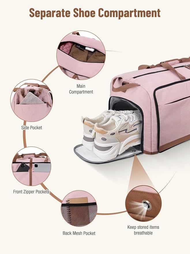 Lekesky Foldable Travel Duffle Bag for Women, Large Duffel Bag with Separate Shoes Compartments & Straps, Carry On Weekend Bag for Women, Hospital, Overnight (Pink, 30L)