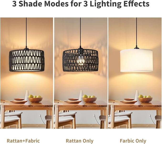 Plug in Pendant Light, Rattan Hanging Lights with Plug in Cord | Woven & Fabric 2 in 1 LampShade, Hanging Lamp Plug in for Bedroom Living Room Kitchen Island-Black (Bulb Included)