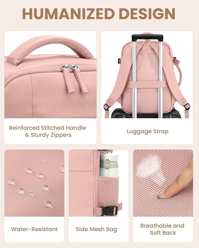 Pritent Travel Backpack for Women Man, Waterproof Laptop Backpack Travel Bag Airline Approved Carry on Weekender Overnight Bag Bookbag for Business,Travel, Work Fits 17.3 inch Laptop(Large,Pink)