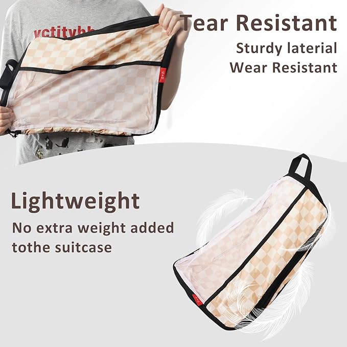 U+U 10 Set Compression Packing Cubes - Ultralight Travel Organizers with Laundry Bag and Cosmetic Bag, Space-Saving Suitcase Organizer for Travel, Business Trip and Family Vacation (Khaki Checkered)