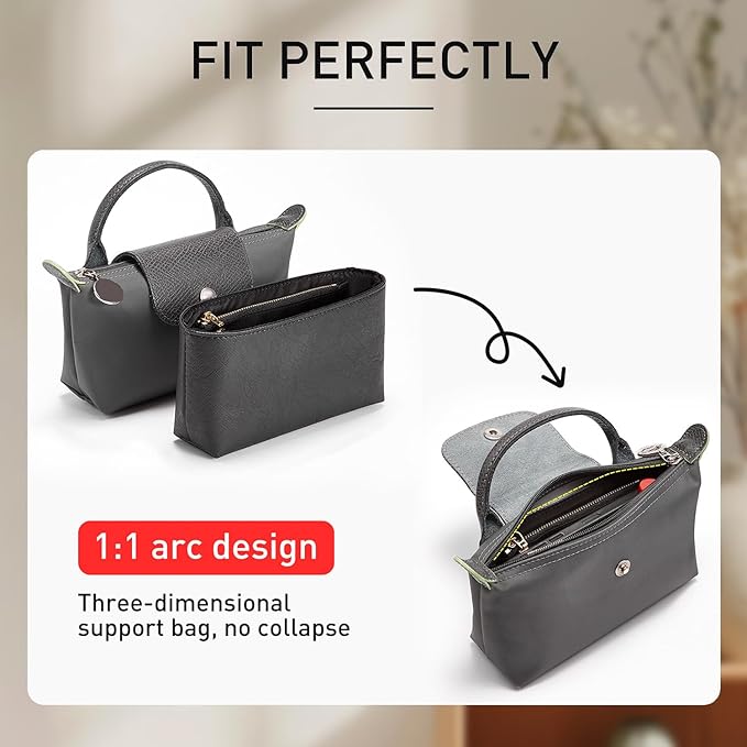 Upgraded Purse Organizer Insert Compatible with Longchamp Mini Xtra/Original/Green XS Pouch, DupontPaper Handbag Organizer Divider Shaper Inner with Zipper, Full-black/XS