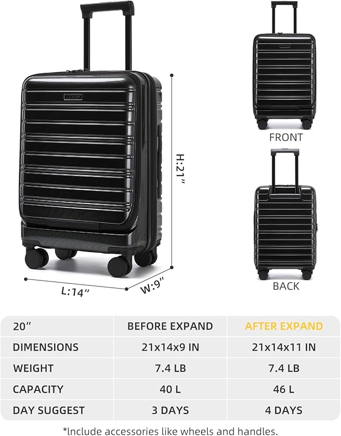 LARVENDER Carry On Luggage 22x14x9 Airline Approved, 20 Inch Expandable PC+ABS Hardside Carry On Luggage with Front Pocket Spinner Wheels TSA Lock for Women Men (Black)