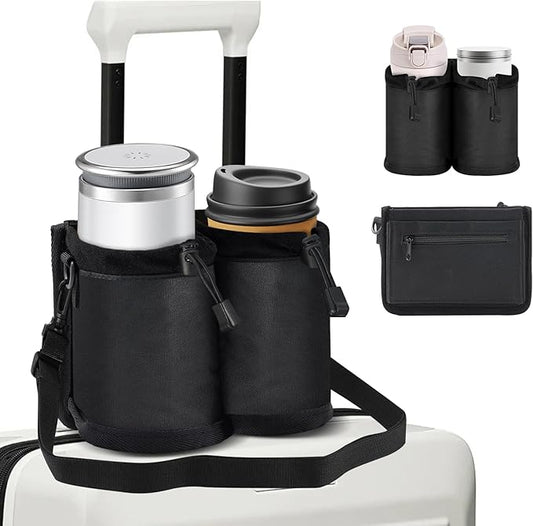 Luggage Cup Holder for Suitcases Free Hands, Travel Accessories, Adjustable for Different Sizes of Coffee Cups, Universal Luggage Accessories for Flight Attendants, Business Travelers, Tourists-Black